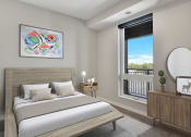 Thumbnail 56 of 105 - a bedroom with a large window and a bed with a wooden headboard