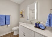 Thumbnail 28 of 105 - a bathroom with a white toilet and a sink with a mirror above it