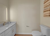 Thumbnail 44 of 105 - a bathroom with a toilet and a sink and a mirror