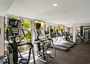 Thumbnail 14 of 60 - A gym with treadmilers, elliptical machines and other cardio equipment. at Cirrus Redwood City Apartments, California, 94061
