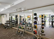 Thumbnail 16 of 60 - A gym with a variety of equipment including weights and machines. at Cirrus Redwood City Apartments, California