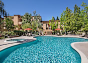 Thumbnail 15 of 21 - A swimming pool in front of a building surrounded by trees. at The Maddox Sunnyvale Apartments, Sunnyvale, 94087