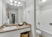 Thumbnail 43 of 90 - a bathroom with a sink and a mirror and a tub at Summerwood Apartments, Santa Clara, CA 95050
