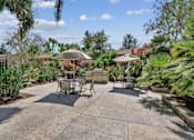 Thumbnail 52 of 90 - a patio with tables and umbrellas in a garden at Summerwood Apartments, Santa Clara, California