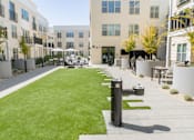 Thumbnail 44 of 78 - A grassy area in front of apartment buildings with a black pole in the foreground.