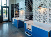 Thumbnail 14 of 78 - A bathroom with blue and white sinks.
