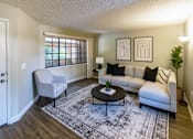 Thumbnail 3 of 10 - A living room with a grey sofa, a white chair, and a black and white rug.