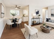Thumbnail 1 of 8 - A living room with a white couch, a black table, and a ceiling fan.