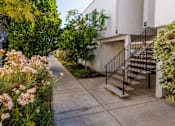 Thumbnail 9 of 9 - A concrete pathway leads to a staircase outside a house.