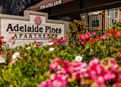 Thumbnail 1 of 7 - A sign for Adelaide Pines Apartments is surrounded by flowers.