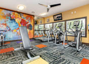Thumbnail 3 of 7 - A gym with a row of treadmills and a row of stationary bikes.