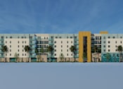 Thumbnail 11 of 14 - A modern building with a yellow door is surrounded by palm trees.