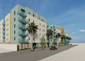 Thumbnail 8 of 14 - A modern apartment building with balconies and palm trees in front.