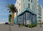 Thumbnail 6 of 14 - A modern building with a blue glass facade is depicted in the image.