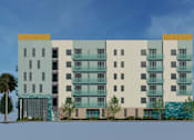 Thumbnail 10 of 14 - A modern building with a palm tree in front of it.