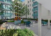 Thumbnail 4 of 14 - A 3D rendered image of a modern outdoor courtyard with people sitting and walking.