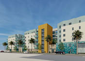 Thumbnail 7 of 14 - A modern building complex with a yellow and blue building in the foreground.