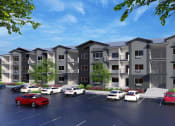Thumbnail 2 of 11 - an architectural rendering of an apartment building with cars in a parking lot