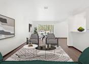 Thumbnail 6 of 12 - a living room with a table and chairs and a rug