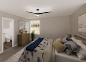 Thumbnail 4 of 6 - A bedroom with a bed, dresser, and window.