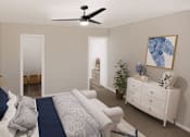 Thumbnail 5 of 6 - A bedroom with a bed, dresser, and ceiling fan.