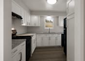 Thumbnail 1 of 6 - A kitchen with white cabinets and a black refrigerator.