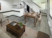Thumbnail 7 of 17 - A modern dining room with a wooden table and chairs.