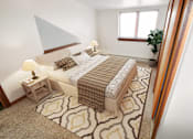 Thumbnail 9 of 17 - a bedroom with a bed and a mirror on the wall