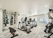 Thumbnail 6 of 28 - A well-equipped gym with a variety of machines and a mirrored wall.