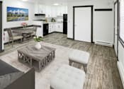 Thumbnail 2 of 17 - A modern kitchen with white cabinets and a painting of a mountain landscape on the wall.