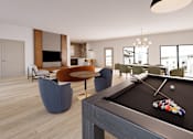 Thumbnail 7 of 17 - A billiard table is in the middle of a room with a chair and a couch.