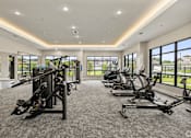 Thumbnail 10 of 19 - a gym with cardio equipment and windows in a large room at Creekside at Grand Prairie, Grand Prairie, Texas, 75052