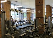 Thumbnail 15 of 24 - A gym with treadmills and weight machines.