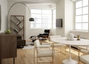 Thumbnail 9 of 24 - A modern dining room with a white table and chairs.at 21 West, New York New York