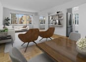 Thumbnail 4 of 12 - A modern living room with a wooden table and chairs at The Caldwell Apartments, New York