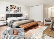 Thumbnail 16 of 17 - A modern bedroom with a large bed and a dining area in the background at The Ellington Apartments, New York, NY, 10019
