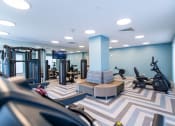 Thumbnail 37 of 41 - a gym with exercise machines and weights in a building with blue walls