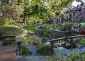 Thumbnail 9 of 17 - a view of a garden with a pond and benches at The Aspens Riverside, Riverside California