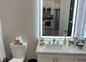 Thumbnail 31 of 35 - a bathroom with a toilet and a sink and a mirror