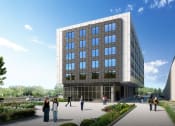 Thumbnail 5 of 22 - a rendering of a building with people walking in front of it