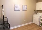 Thumbnail 16 of 22 - Interior of Champion Reserve Townhome spacious laundry/mudroom with full size washer and dryer and storage cupboards.