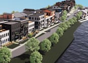 Thumbnail 19 of 29 - Artist rendering of an aerial view of Westport Crossing along the Erie Canal from above Monroe Avenue