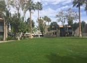 Thumbnail 1 of 8 - a large lawn with palm trees in front of a building