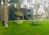 Thumbnail 3 of 8 - a lawn with tables and umbrellas in front of a building