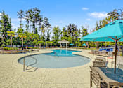 Thumbnail 47 of 48 - A large outdoor swimming pool surrounded by trees and a fence.