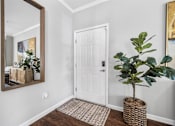 Thumbnail 3 of 41 - A white door is in a hallway with a mirror and a plant.