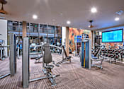 Thumbnail 14 of 30 - A gym with a variety of equipment including a squat rack, bench press, and a television.