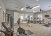 Thumbnail 4 of 20 - a gym with weights and a ceiling fan at Spring Creek Apartments, Crestview Florida
