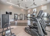 Thumbnail 22 of 74 - A spacious gym with treadmills, elliptical machines, and a television at Waterleaf at Neely Ferry Apartments, South Carolina 29680