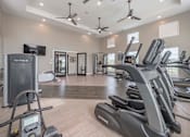 Thumbnail 65 of 74 - A gym with treadmills, elliptical machines, and a television at Waterleaf at Neely Ferry Apartments, South Carolina 29680
